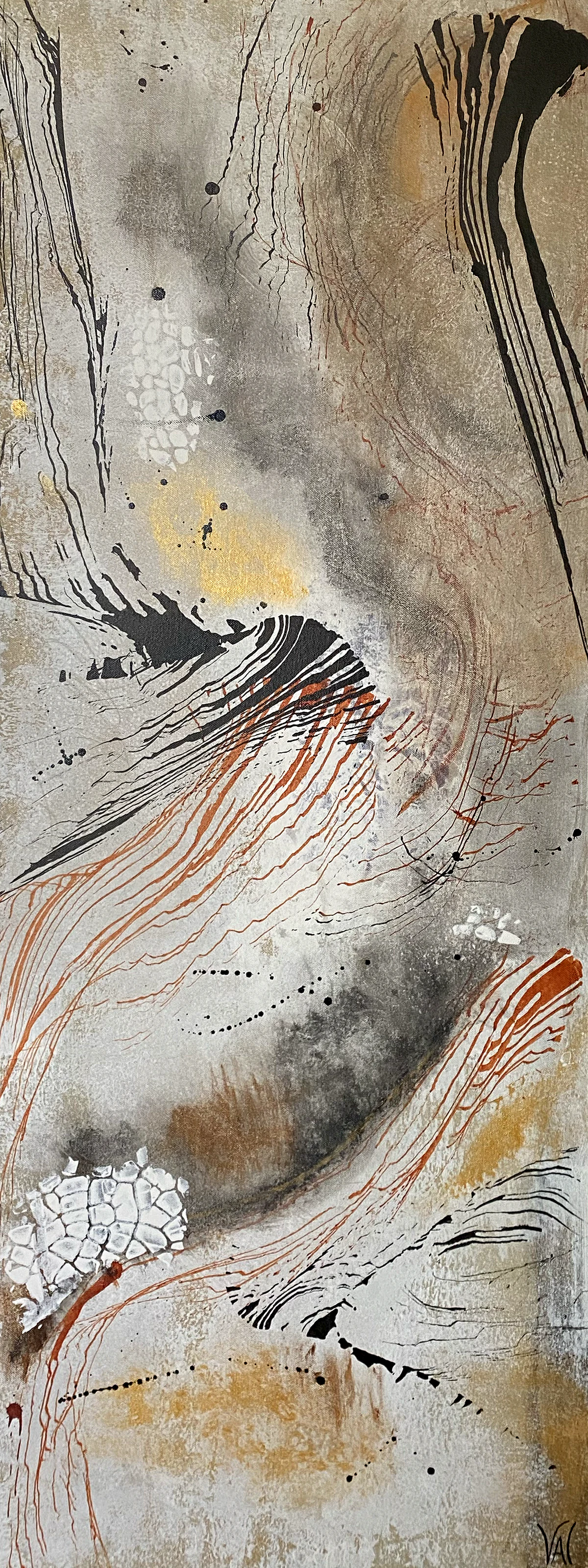 Africa Dreaming: a tall, narrow canvas of stone grey and ochre, swept by fine black and rust-red lines, with small white crackled patches.