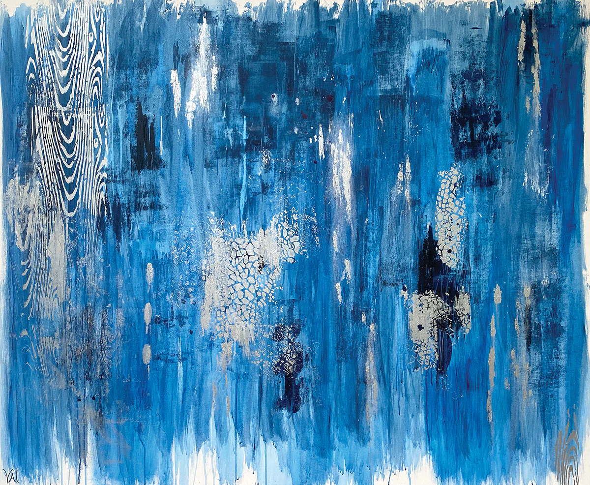 Into the Depths: vertical streaks of deep and bright blue broken by white and silver marks, like light falling through water.