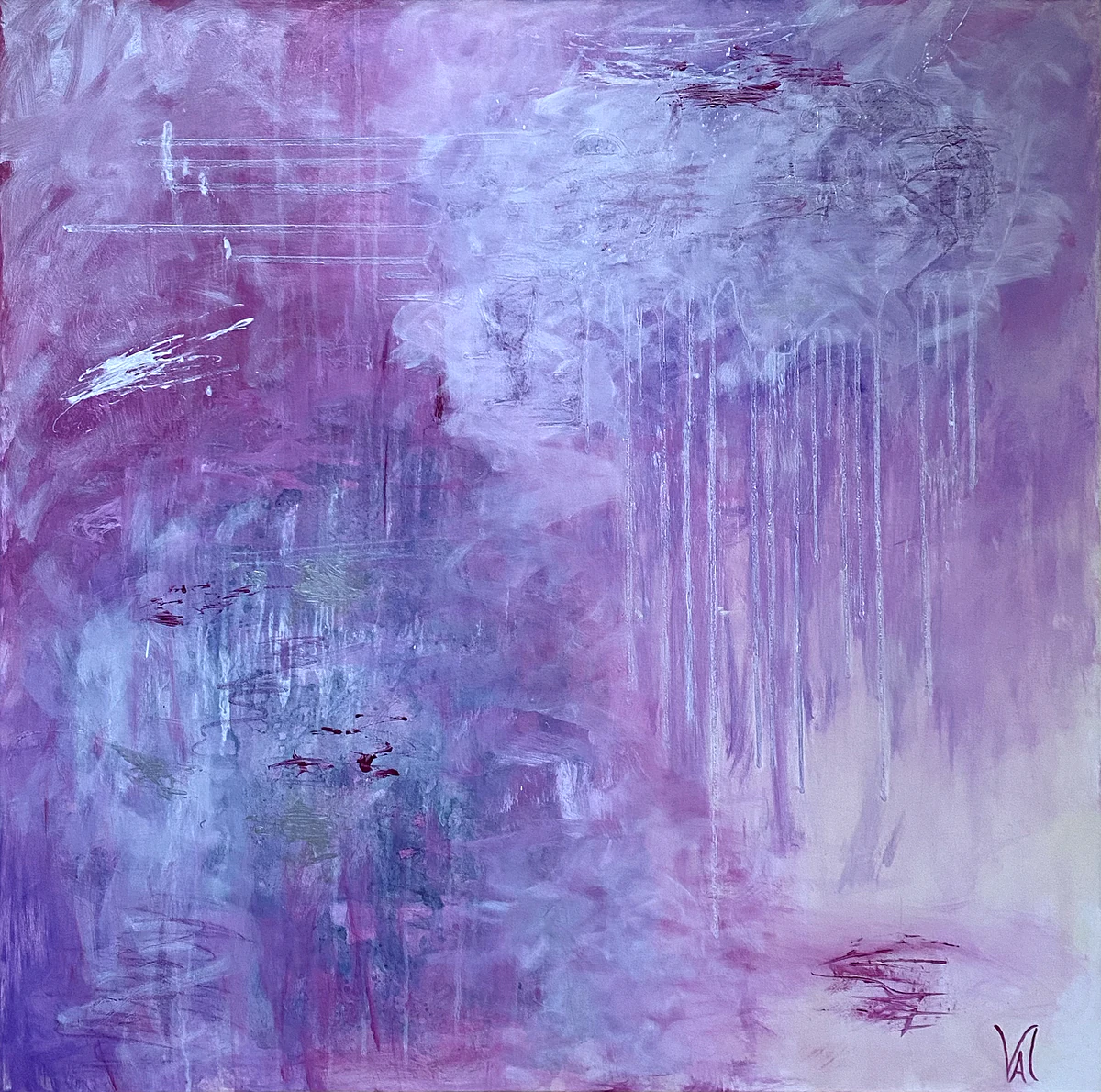 Purple Reign: violet and lavender washes with pale vertical scratches and a few crimson marks.